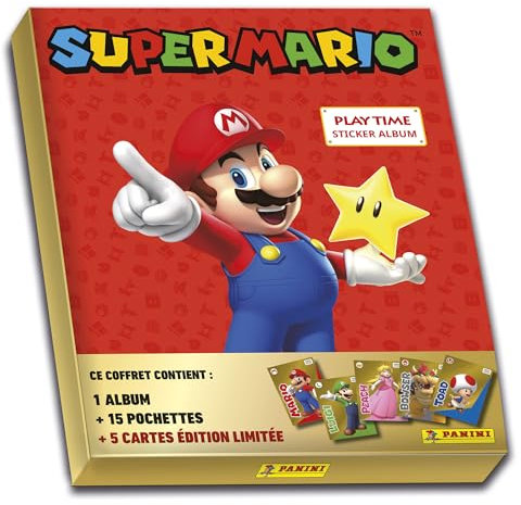 Panini Super Mario Stickers Coffret de 1 Album + 15 Pochettes + 5 Cartes Edition Limitée Gold