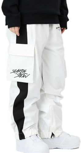 HOUZONIY Damen Skihose, Herren Wasserdicht Winddichte Softshellhose, Weite Passform Snowboardhose Geeignet für Outdoor-Sportarten(Weiß L)