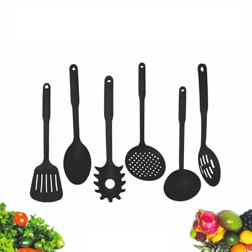 Black or White Kitchen Utensils Set 6 Piece Soft Touch Handles Non-Sticks Heat Resistant BPA Free Plastic Stylish Kitchen Tools Spoon Turner Spatula for Food Grade & Dishwasher Safe (Black or White)