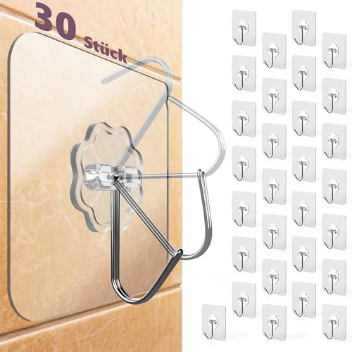 4smile Crochets adhésifs extra-forts - 30 pièces de crochets adhésifs transparents - crochets adhésifs pivotant à 180° plafond ou mur, idéal pour cuisine, salle de bain, décoration