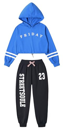LOLANTA Mädchen Trainingsanzug, Kapuzenpullover und Hose, Hip Hop und Jazz Tanzoutfit für Kinder(Blau, 134-146, tag size 150)