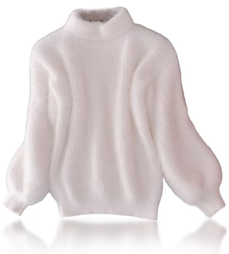 Lady Winter Angora Cashmere Blend Loose Warm Sweater, Loose Solid Color Crewneck Knit Pullover Sweater, Casual Thick Fleece Turtleneck Sweater, Warm Sweater Top (L,White)