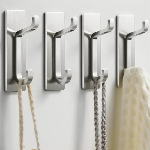 pickpiff Self Adhesive Hooks, Extra Sticky and Strong, Hanging up to 6KG, Heavy Duty Stick on, No-Nail Hook for Back of Door, Brushed Nickel, 4 Pack