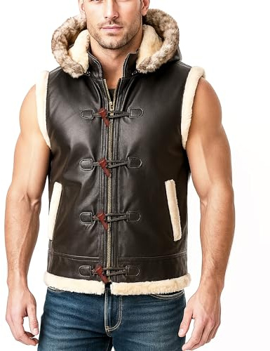 UGFashions Mens RAF B3 Shearling Sheepskin Hooded Fur Leather Bomber Dark Brown Aviator Vest