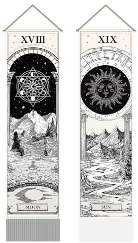 SUPERDANT Tapiz de pared Tarot Sol y Luna con borlas 2 piezas Decoración Mural Blanco y Negro 130 x 33 cm para salón dormitorio