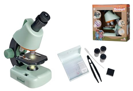 Simba Scout Microscopio – Microscopio Infantil con Aumento de 100x a 1200x, Incluye función de luz, 8 portaobjetos, 4 portaobjetos vacíos, Accesorios como Pinzas y pipeta, Altura 22 cm, a Partir de 5
