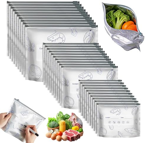 Noaxylic 30 Piezas Bolsas de Aluminio para Congelar, Bolsas Congelación Zip, Bolsa Congelacion Bolsa de Almacenamiento Reutilizables, Ziplock Bag Sándwiches, para Verdura Snack Carne Fruta