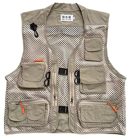 Rizanee Men Mesh Breathable Multi-Pocket Vest Outdoor Travelers Fly Fishing Photography (Khaki, US M/Tag XL)