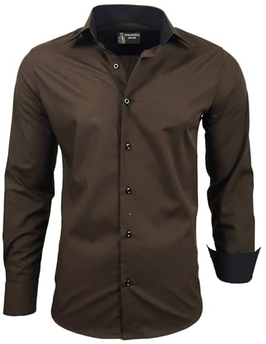 Subliminal Mode - Repassage Facile Chemise Homme Col Bicolore Uni Manches Longues Coupe Slim Business Idée Cadeau, Noël, Saint Valentin RN44,S,Marron