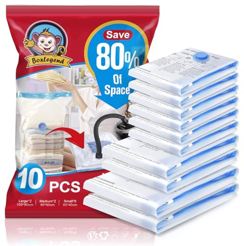BoxLegend Vakuumbeutel 10 Stück, 2XL*100x80 + 2L*80x60 + 6S*60x40cm,Vakuum Aufbewahrungsbeutel Reise Vakuum Wiederverwendbar Kleiderbeutel für Kleidung Bettdecken Bettwäsche Kissen Wolldecken