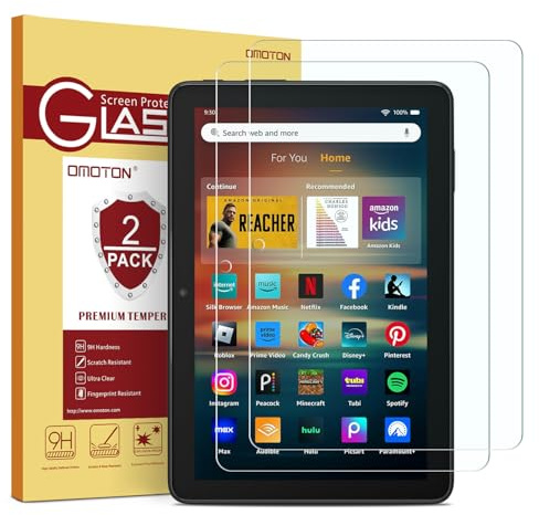 OMOTON Screen Protector for New Amazon Kindle Fire HD 8/8 Plus/Kids/Kids Pro Tablet(2024/2022/2020, 12th/10th Generation, 8 inch), Tempered Glass/9H Hardness/Case Friendly, 2 Pack