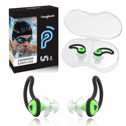 Hearprotek Swimming Ear Plugs Adults, Reusable Silicone Ear Plugs Green | 2 Pairs Waterproof Swim Ear Plugs, Ear Protection for Swimming, Shower, Bathing, Pool & Surfing, Custom Fit with 3 Wing Sizes