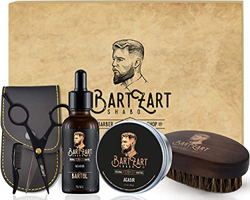 BartZart Shabo Bartpflege Set 4 tlg. I Bart Set aus Bartschere I Bartöl I Bartwachs I Bartbürste I perfekte Auswahl aus den BartZart Produkten in eine Box I Zedernholz