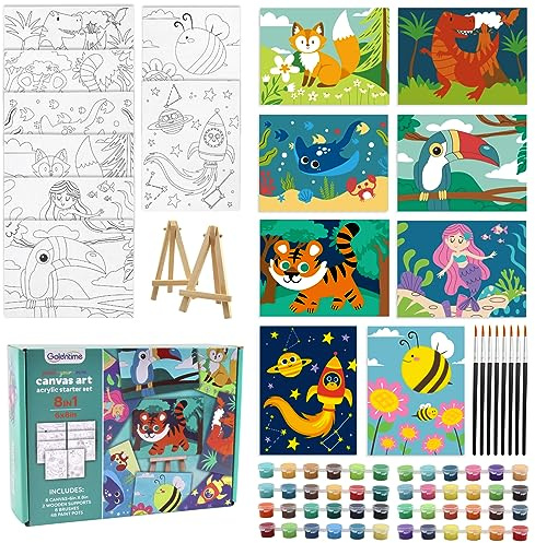 goldentime 8 Packs Predrawn Canvas for Painting Kids Painting Canvas for Kids Painting Kits for Kids 4-8, 48 Paints, 8 Brushes 2 Easels, 8 6x8 Printed Canvas to Paint for Girls Boys and Beginners