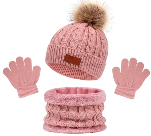 MAILEKT Mütze Schal & Handschuh-sets für Mädchen & Jungen, 3 in 1 Warme Wintermütze Schlauchschal StrickHandschuhe Set, Bommelmütze Kinder Schal Set Geschenk für Kinder 2-6 Jahre