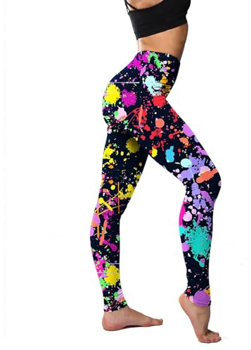 JINGTOPS Damen 80er Artistic Leggings für Party, Bedruckte Sporthose mit Hoher Taille für Karneval und Yoga