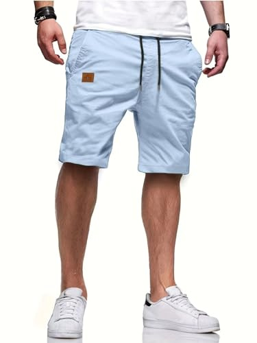 Tansozer Korta Byxor Herr Sommar Chino Bomull Shorts för Män Lätta Bermudashorts Casual Modeshorts Elastisk Midja Dragsko Fritid Korta Byxor för Herr med Fickor Himmelsblå XL