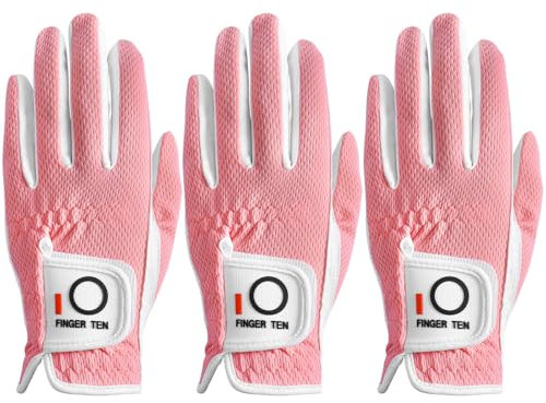 LOVMEAD Damen Golf handschuh Linke Hand Rechts Mikrofaser Regen Heiß Nass Allwetter 3 Stück, Damen Golfhandschuhe Weich Flexibel Langlebig Verschleißfestigkeit Guter Grip (Rosa, M, Links)