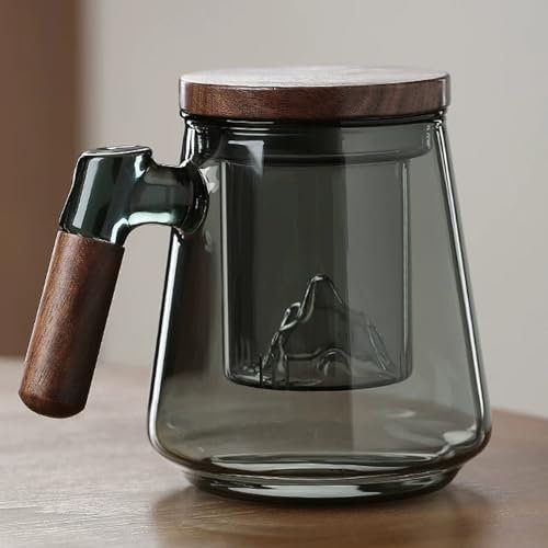 JanYoo Glas Teetasse mit Deckel und Sieb, 500ml Teetassen Groß Holzgriff Teebecher Teeglas aus Borosilikat Glas Tasse mit Teesieb für Losen Tee/Teeliebhaber/Tee Geschenke (Blau-grau)