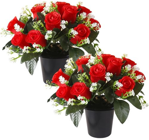 Lotvic Flores artificiales para tumbas, flores de tumba de 25 cm, 2 macetas con flores artificiales, 12 rosas rojas para funerarias, flores artificiales para cementerio, conmemoración, decoraciones de