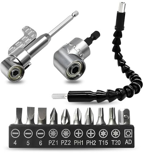 3 PCS Right Angle Drill Attachment, 105 Degree Degree Right Angle Drill Bit Extension and Drills Socket Adaptor with 10 PCS Screwdriver Bits