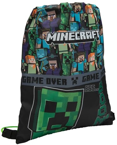 Minecraft Drawstring Bag Kids PE Kit Gym Swim Sack - Black