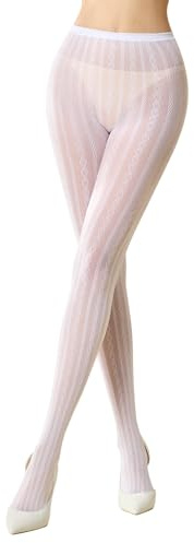 MANZI White Patterned Tights Knitted Lace Hollow Vintage Floral Fishnet Stocking Tights for Women Heart