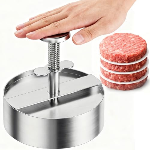 ESOW Burger Press 304 Stainless Steel, 4.5 Patty Maker with Non-Stick Mold & Spring Button, Easy Use for Beef, BBQ, Cooking and Homemade Hamburger, Dishwasher Safe