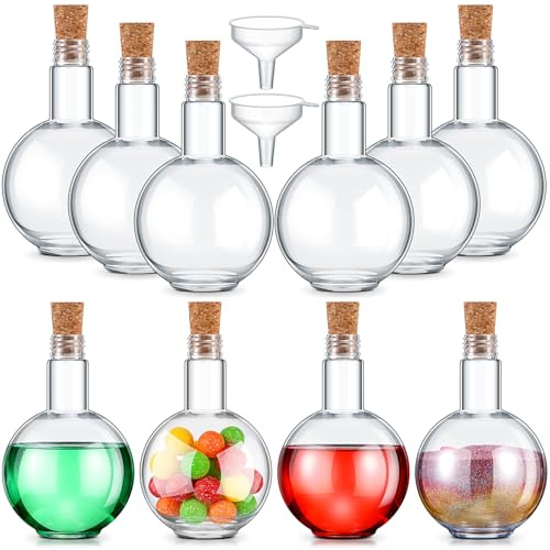 Baderke Plastic Potion Bottles with Cork 8 oz Sand Art Ball Shape Bottles with Funnels Spherical Decorative Candy Jar for Cocktail Witch Costume Props Party DIY Crafts(10 Sets)