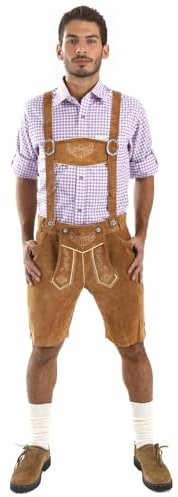 Cuir Craft Traditional Bavarian Lederhosen Goat Leather Light Brown Short with Matching Suspenders