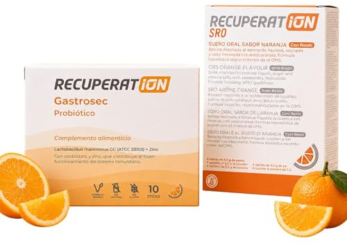 RECUPERATION - Pack Probióticos Lactobacillus Rhamnosus GG + Zinc + Suero Oral con Electrolitos y Reishi | Flora Intestinal, Rehidratación Digestiva, Gastroenteritis | Sabor Naranja