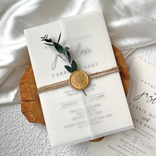 Yabo Quirk Craft 5x7 Vellum Wedding Invitation Wraps with Eucalyptus, Translucent Vellum Jackets for DIY Invitations, Elegant Rustic Wedding Invites, Gold Wax Seal (50pcs Customized Invitation)