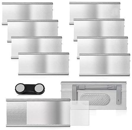 10 stycken namnskyltar magnet 72 × 31 mm – aluminium namnskyltar för kläder, starka dubbelmagneter, återanvändbara namnetiketter med pappersslipning
