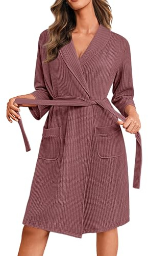 Ekouaer Peignoir de Bain Femme Court Gaufré Robe de Chambre avec Poches Doux et Léger Kimono Peignoirs, Magenta M