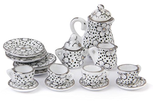 Frahou Ensemble de vaisselle miniature en porcelaine pour maison de poupée - 15 pièces - Motif fleurs de gaseblümchen