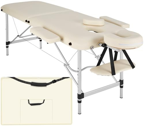 tectake® Lettino Massaggio 2 Zone, Portatile, Regolabile, Imbottitura Comfort, Poggiatesta Multifunzione, con Borsa per Trasporto Inclusa, Capacità 230kg - Beige