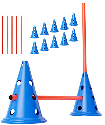 ANISKILLS® - Premium Agility Set - 10 Blaue Kegel 30,5cm hoch, 5 orangene Stangen 80cm lang - Flexibles Koordinationstraining - Hunde Parcour und Hürden Set - Agility Set - deutsches Unternehmen