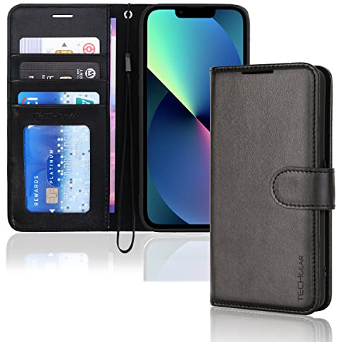 TECHGEAR Etui iPhone iPhone 14 Plus Portefeuille - Housse en Cuir avec Rabat de Protection, Fentes pour Cartes, Béquille et Dragonne, Cuir PU Noir Compatible avec iPhone 14 Plus 6.7