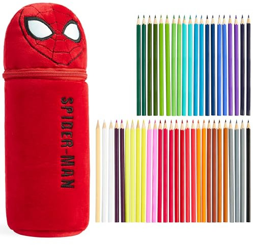 Marvel Spiderman Buntstifte Kinder mit Federmäppchen Jungen Malset 48 Stück Superhelden Iron Man Schule Zubehör Einschulung Geschenk Idee (Rot Spiderman)