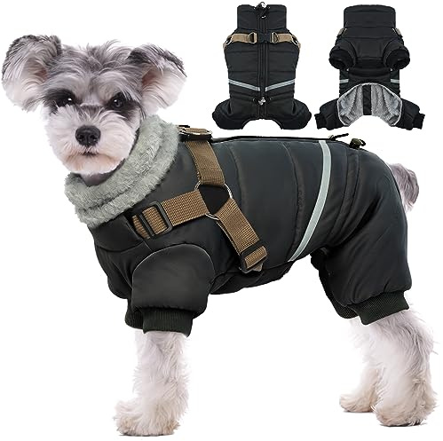 BRKURLEG Black Dog Coat with Harness, Dog Winter Jacket, Dogs Onesie Body Warm Jackets, Small Dogs Winter Coats Reflective Windproof Warm Cold Weather Coats, Pet Waterproof Jacket Hiking M