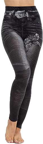 ORANDESIGNE Femme Legging Imprimés Denim et Papillons Leggings Imitation Jean Jeggings Taille Haute Slim Pantalon Moulant Collant Extensible Pantalon de Crayon Treggings B Noir L