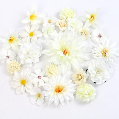 LARDUX 24 Stücke Kunstblumen zum Basteln,künstliche blumenköpfe klein Blüten Künstlich blütenköpfe groß Seidenblumen Köpfe Masse Mix für DIY Basteln Hochzeit Party Home Handwerk Deko-Weiß