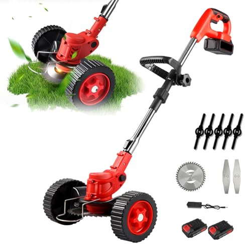 Desbrozadora eléctrica con batería, 650 W, cortabordes de césped plegable con ruedas, diámetro de corte de 15 cm, altura ajustable de 90 a 120 cm, desbrozadora inalámbrica de 8500 rpm (con dos pilas)