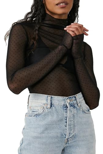 Caziffer T-Shirt Transparent en Dentelle à Manches Longues pour Femme Haut Femme Chic et Élégant Tee Shirt à Col Montant pour Femme Été (Motif Pois Noir, L)
