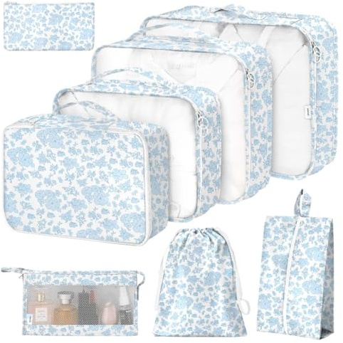 8 Set Packing Cubes for Suitcases,Packing Cube with Shoe, Cosmetics, Clothing, and Accessories Bags Packing Cubes for Travel Luggage Organizer Women Men(Blue Flowers)