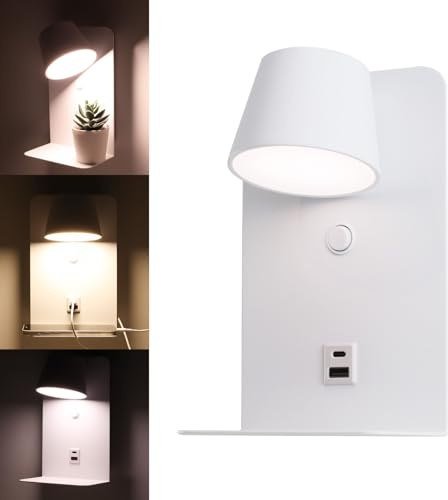 Alpinaluz Lampada da parete LED orientabile 6W bianca con tonalità di colore regolabile (3000K/4000K/6000K), interruttore, porta di ricarica USB tipo C e A, supporto in alluminio da 14 cm per testiere