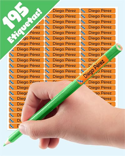 LabelTiger® Personalised Small Name Labels for School Supplies - (195 Pieces) - Self-Adhesive, No-Iron, Waterproof Tags for All Ages - Ideal for Pens, Pencils, Markers & Stationery - Orange