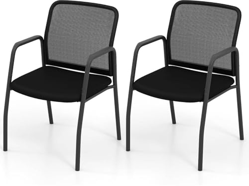 SFAREST Reception Chairs Set, Stackable Mesh Office Desk Chairs, Mid-Back Ergonomic Conference Guest Visitor Armchair for Waiting Meeting Room Office School Lobby (2PCS, No Wheels, Black)