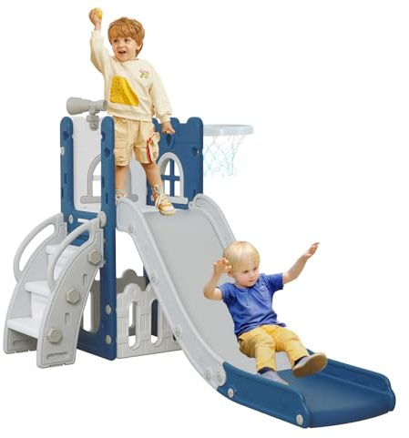 LulliSpace 6 in 1 Toddler Slide,Kids Climber Slider for Indoor Outdoor Playground with Basketball Hoop,Storage and Telescope,L Shaped Slide for Toddler Climber Playset