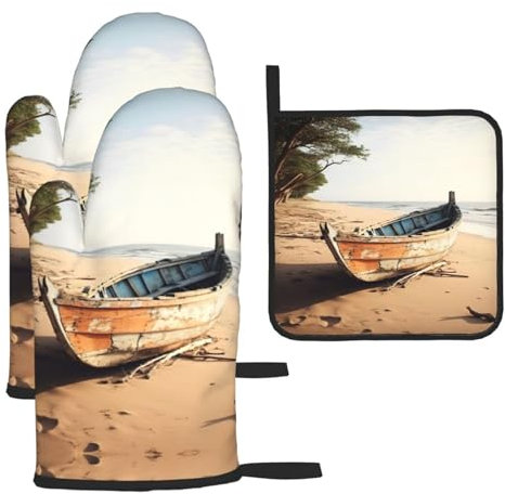 Boat On The Beach Christmas Oven Mitts And Pot Holders Gift For Family For Kitchen Baking,Heat Resistant,Set Of 3